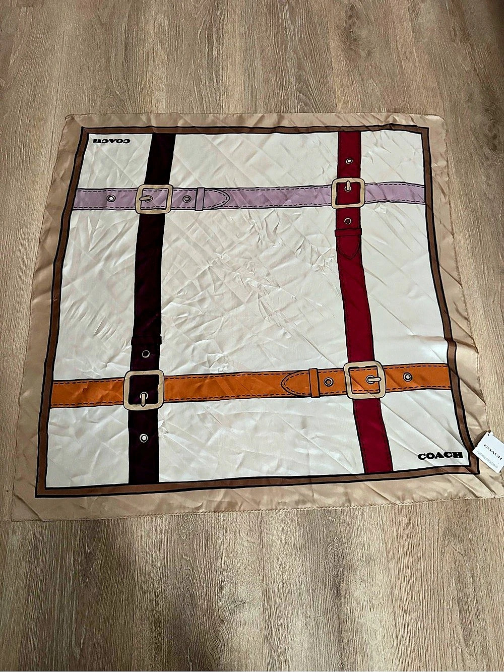 Coach Trompe L'Oeil Belt Print Silk Square Scarf White & Brown
